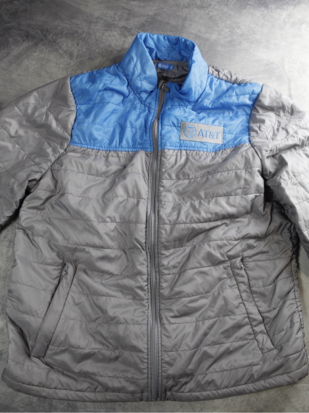 AT&T Employee Puffer Jacket Mens Large Gray Blue Full Zip Quilted Coat Promo L